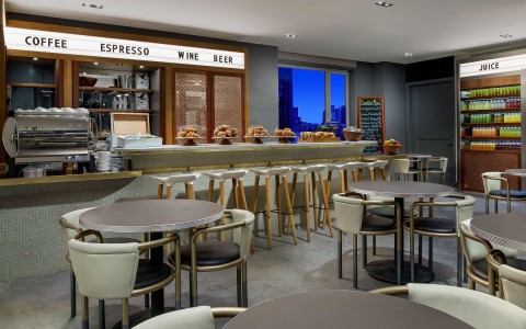 the lobby area inside the hotel