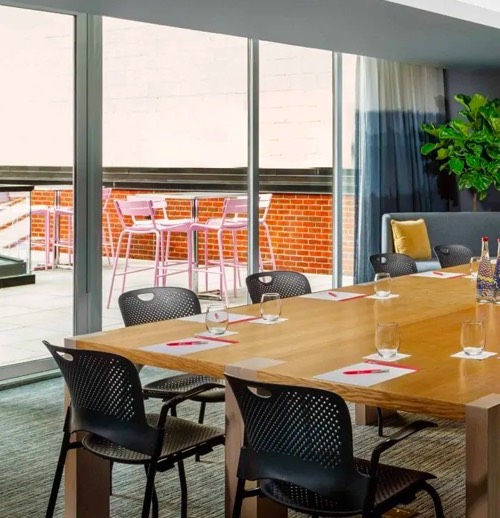 a conference room set for a meeting